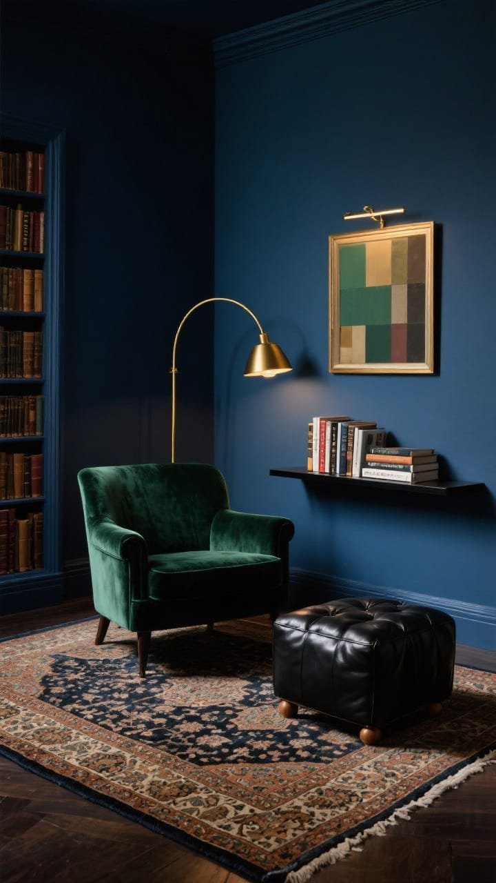 Photorealistic wide corner shot with moody vintage library vibes: ink-blue matte walls, a deep emerald velvet club chair, black lacquer arched floor lamp, vintage Persian rug anchoring the space; a single black floating shelf with current reads, leather-bound ottoman for feet; framed art with a brass picture light above; palette ink blue, emerald, brass, black; textures velvet, leather, handwoven rug; dim, dramatic lighting with warm brass highlights; angled corner perspective.