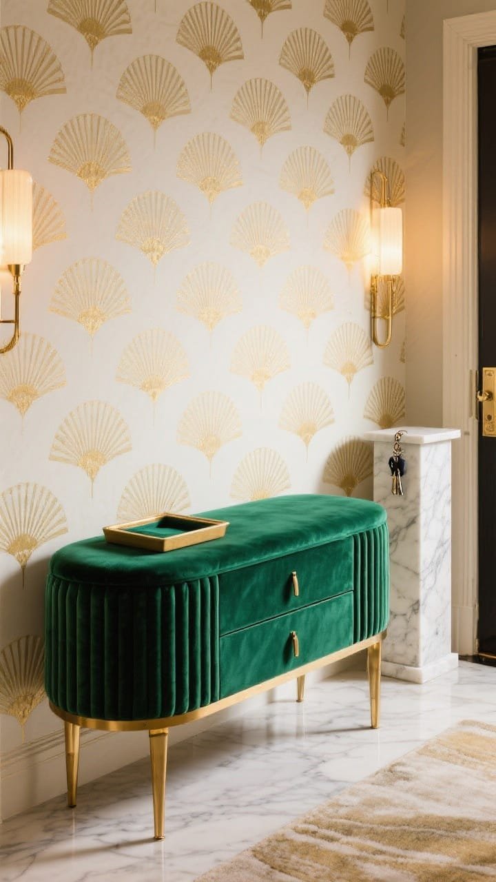 Straight-on medium shot of an art-deco glam entry: deep emerald velvet-topped storage bench with fluted sides and slim brushed brass legs centered against a cream-and-gold fan-patterned wallpaper; a petite white marble pedestal to one side holding keys; palette of emerald, cream, brushed brass, marble white; evening ambient light with a subtle warm sheen; materials: performance velvet, brass, marble, textured wallpaper; drawers hinted with a velvet-lined tray and a slim umbrella slot.