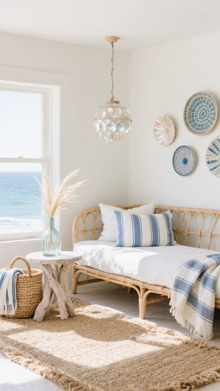 Wide coastal breeze corner: rattan daybed piled with white linen and blue-and-white stripes (pillows/blanket); pale driftwood side table; rope-handled basket for throws; woven wall plates arranged above; seagrass rug underfoot; capiz shell pendant shimmering softly; glass bottle vase with beach grass; airy, sunwashed feel, oceanic palette, straight-on with bright natural light.