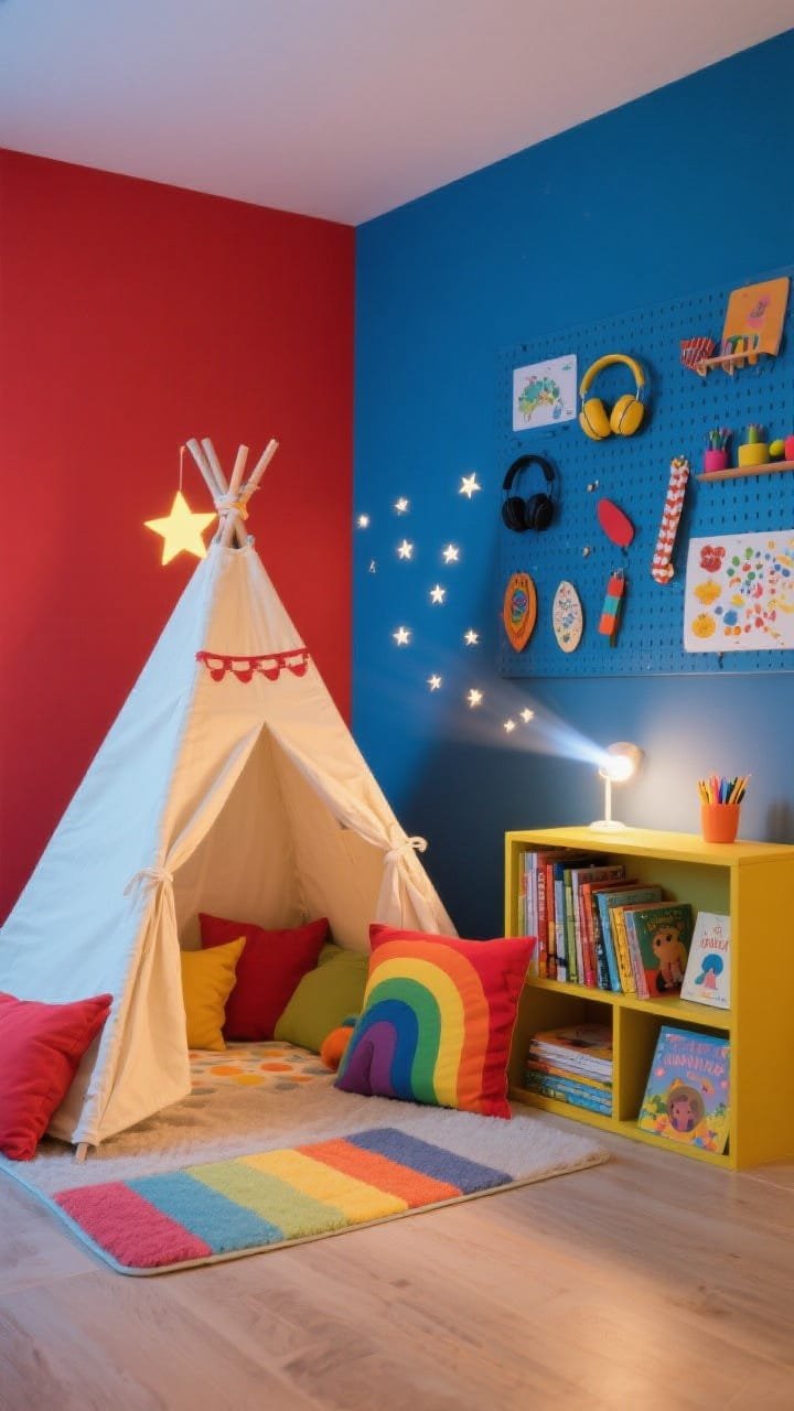 Wide kid-friendly hideout: teepee or canopy tent in washable cotton over a cushy mat; rainbow of floor pillows; short forward-facing bookshelf displaying covers; pegboard mounted with headphones, bookmarks, and art supplies; bright coordinated primary colors&mdash;red, cobalt, sunny yellow; dimmable nightlight star projector casting gentle stars; playful, magical bedtime vibe, straight-on.