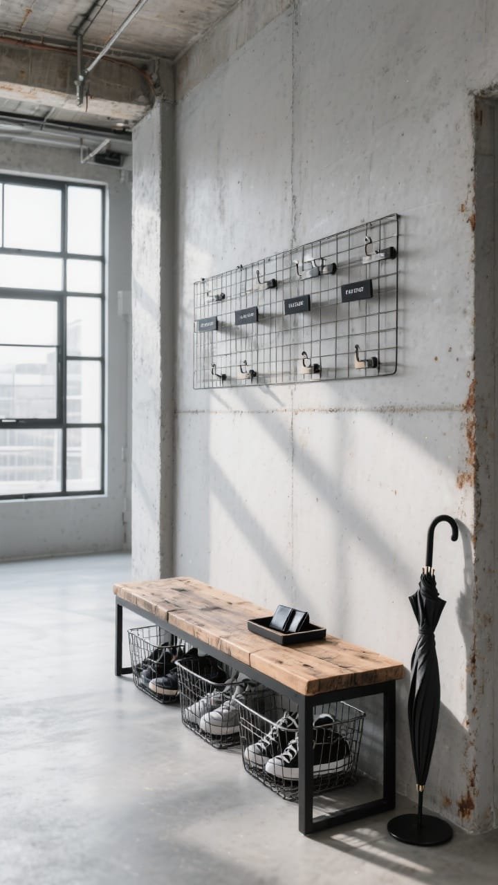 Wide loft-style landing zone with a blackened steel frame bench topped by a reclaimed wood seat against a pale gray concrete-look wall; underneath, open metal mesh bins with visible sneakers; overhead, a grid coat rack with clip-on labels; palette of charcoal, weathered oak, cool gray with hints of rust; industrial textures of steel, reclaimed wood, mesh, faux-concrete; crisp, directional daylight from large loft windows creating subtle shadows; include a slim tray for wallets on the bench and an umbrella stand to the side.