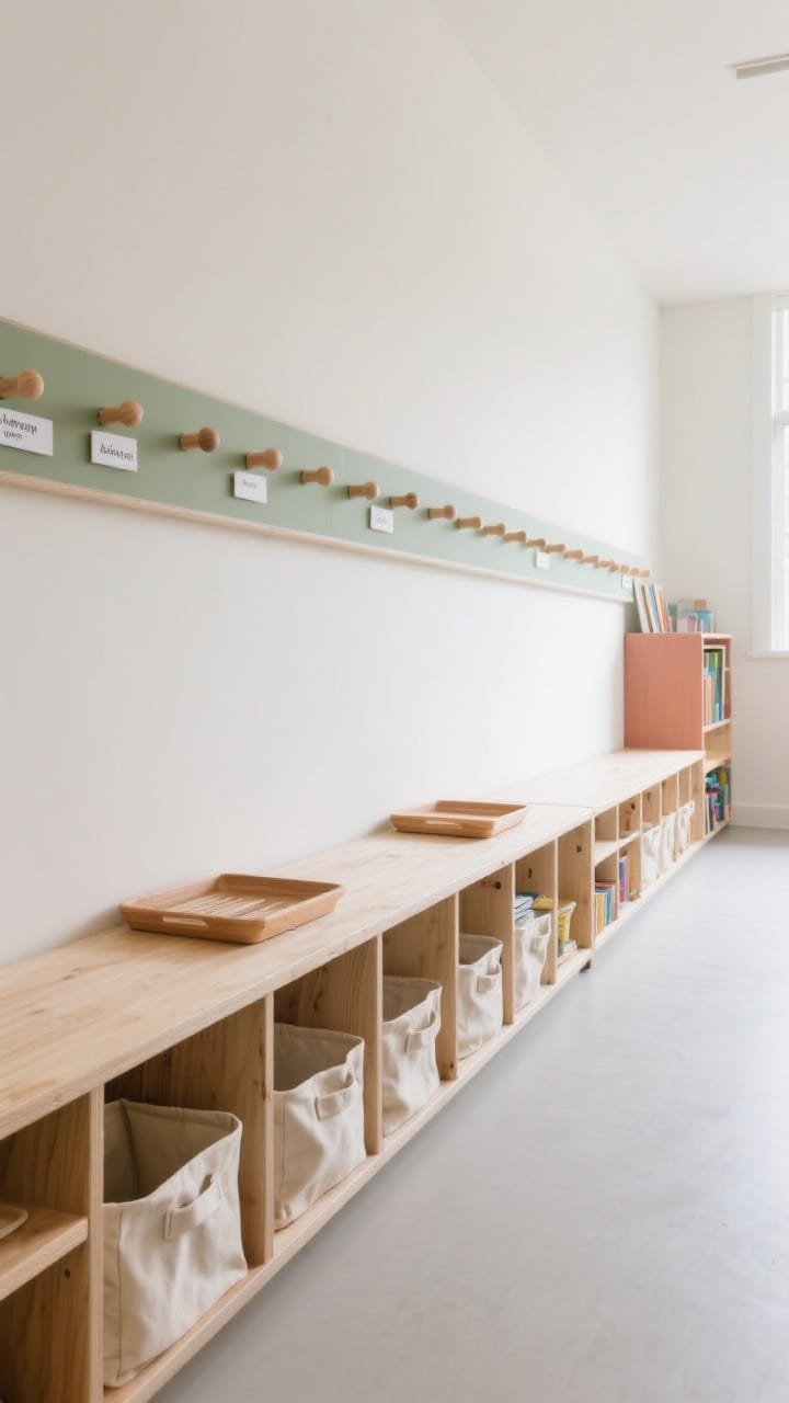 Wide, low-angle view along a modern Montessori classroom bench wall: a long birch plywood storage bench with open shelves at child height, neatly arranged trays and neutral cotton-canvas fabric bins; above, a narrow peg rail with wooden pegs and simple name tags; palette of birch, soft white, sage, clay; diffuse natural classroom light; materials: clear-coated birch ply, canvas bins, wood pegs; include a low book display endcap at one side.