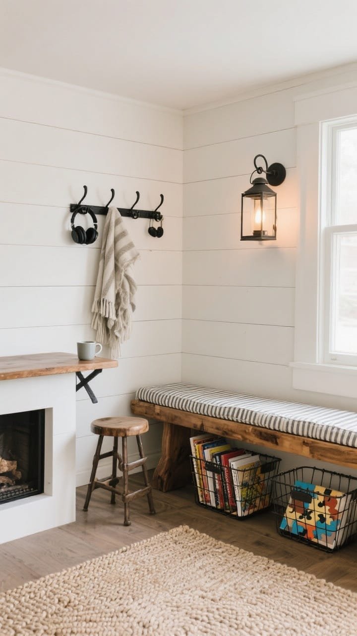Wide modern farmhouse hearth nook: white shiplap-wrapped corner with a chunky wood bench and deep railroad stripe seat cushion; black iron hooks above holding headphones and a throw; cross-back counter stool used as a perching table for mugs; wire baskets below with paperbacks and puzzles; lantern-style sconce casting warm light; braided wool rug in oatmeal; cozy Sunday-afternoon atmosphere, straight-on.