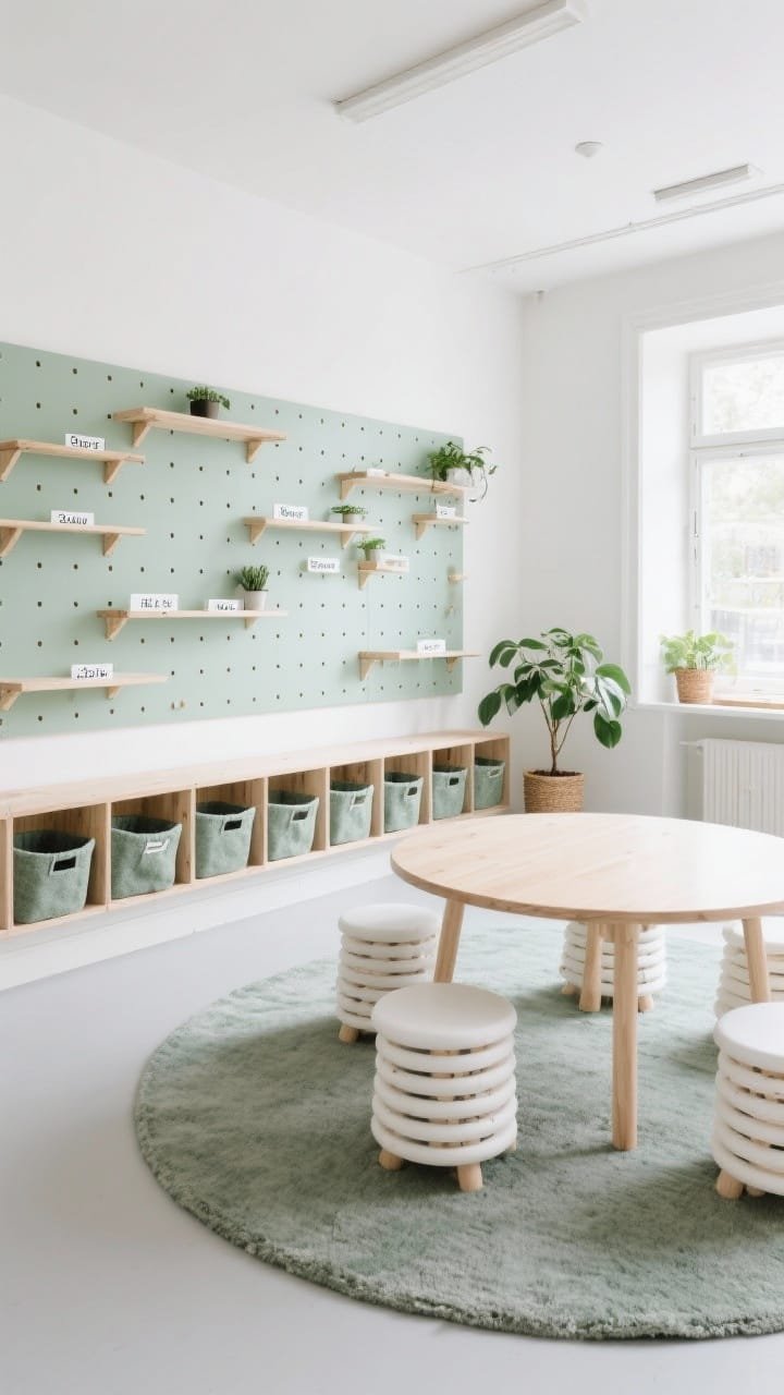 Wide room shot of a Scandinavian-inspired classroom with white walls, pale gray rug, and sage-green accents; a full wall of modular birch pegboards with adjustable shelves and shallow labeled bins in clean sans-serif tags; under-window low birch cubbies holding felt baskets; a round pale wood table with stackable white stools; a few leafy plants; soft natural daylight, clean lines, hidden order, photorealistic.