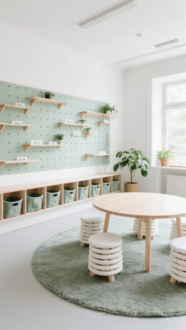 Wide room shot of a Scandinavian-inspired classroom with white walls, pale gray rug, and sage-green accents; a full wall of modular birch pegboards with adjustable shelves and shallow labeled bins in clean sans-serif tags; under-window low birch cubbies holding felt baskets; a round pale wood table with stackable white stools; a few leafy plants; soft natural daylight, clean lines, hidden order, photorealistic.