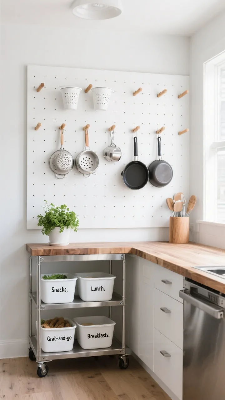 Wide shot — A kitchen mise en place zone: a matte-white pegboard wall with oak pegs artfully holding measuring cups, colanders, and small skillets over a butcher-block peninsula. Below, a stainless steel prep cart with drawers; on its lower shelf, three clearly labeled bins reading “Snacks,” “Lunch,” and “Grab-and-go Breakfasts.” Fresh green herbs in a small pot on the cart. White, stainless, oak palette. Bright daylight, overhead and side light, straight-on view emphasizing vertical organization.