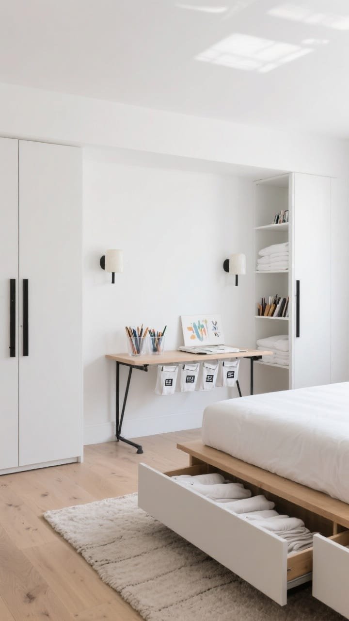 Wide shot &mdash; A minimal guest room that doubles as a studio: soft white walls, pale oak floors, a low-profile platform bed with underdrawers slightly open showing neatly folded linens. A wall-mounted fold-out table opened with simple art supplies arranged in clear bins and labeled pouches. Tall slim wardrobes flanking the bed&mdash;one side for linens, the other for art supplies&mdash;black hardware for contrast. A neutral rug and alabaster sconces provide hotel-chic calm. Bright, airy daylight, straight-on composition.