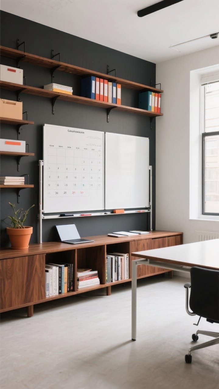Wide shot &mdash; A studio office with classroom polish: a parsons desk merged with a low walnut-toned bookcase, reference books below and a laptop with notepads above. Behind the desk, a double-sided rolling whiteboard acting as a room divider; one side shows a monthly calendar grid. Wall-to-wall magnetic shelves hold slim folders with color-coded tabs. Palette of charcoal, crisp white, walnut, and a hint of terra-cotta in a planter. Even daylight with gentle contrast, corner angle to show zoning.