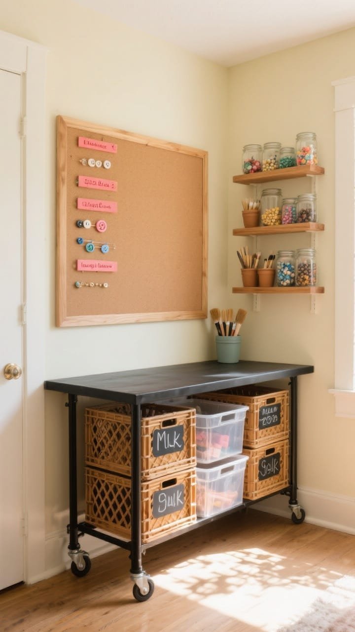 Wide shot &mdash; A sunlit craft nook in a real home: buttercream walls glowing with afternoon light, a matte-black rolling workbench centered below a large oak-framed corkboard. Along one wall, slender oak picture ledges display labeled glass jars of buttons, beads, and brush pots. Under the bench, stackable milk crates with chalkboard labels slide in neatly. Color accents of coral, honey oak tones, and clear bins with bold category labels are visible. Photorealistic, warm natural light, slight corner angle to show ledges and storage.
