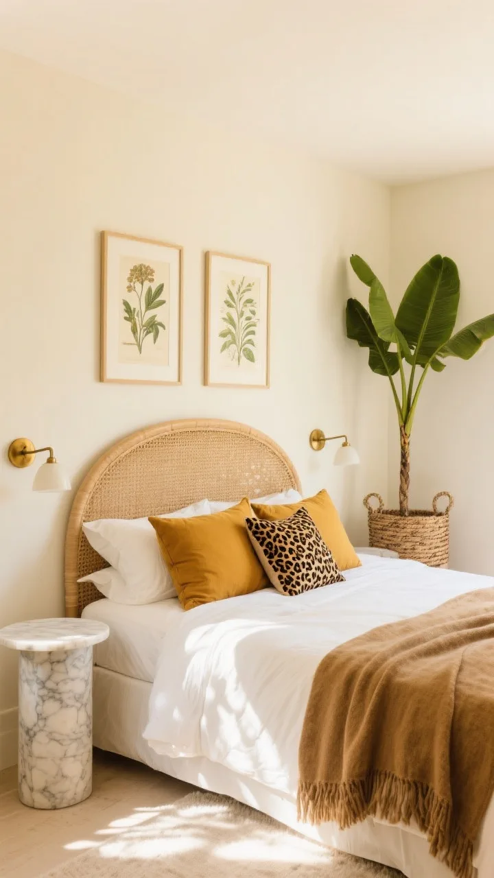 Wide shot, airy perspective: Sunlit bedroom with buttercream walls and a curved rattan headboard; white percale sheets layered with a camel throw and warm mustard pillows; brass sconces flanking the bed, a marble-topped side table, and a tall banana leaf plant in a woven basket; a leopard-print lumbar pillow at center; framed vintage botanical prints above; bright, breezy lighting for safari-luxe vibe.