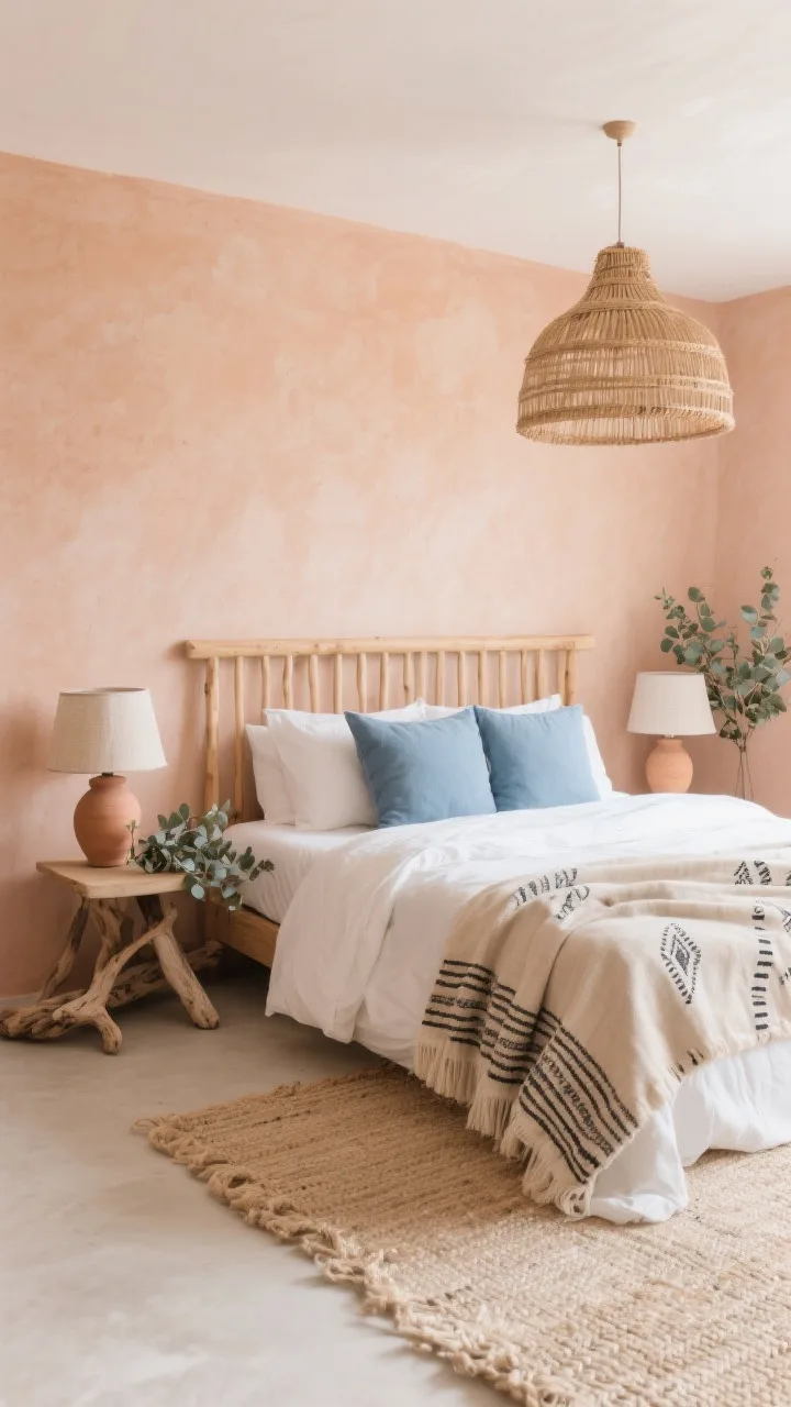 Wide shot, breezy corner: Desert clay meets coastal—muted dusty peach walls and a light oak slat headboard; bed dressed in airy white with a sand-colored linen duvet and sky-blue accent pillows; rattan pendant lights overhead, a bleached jute rug, and driftwood details; pale-toned mud cloth throws adding Afro-Boho texture; a pair of hand-thrown clay lamps with linen shades; fresh eucalyptus on the nightstand; soft coastal daylight.