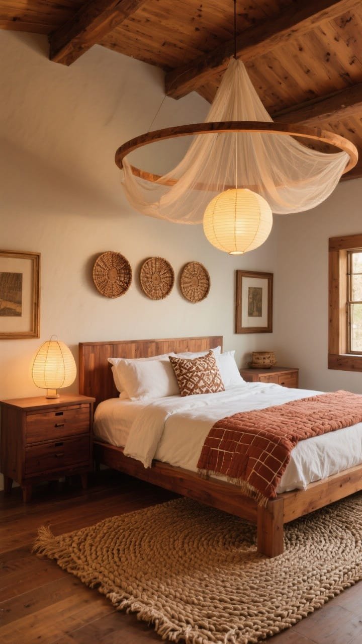 Wide shot, canopy focus: Warm wood haven with honey, mahogany, and espresso tones across bed, dresser, and frames; gauzy canopy draped from a slim wood ring floating above the headboard; cream bedding layered with a brick-colored quilt and Kuba-linen patterned pillows; a thick braided jute rug underfoot; trio of basket wall art over the bed; glowing paper orb lamp casting a cocoon-like warmth in the evening.