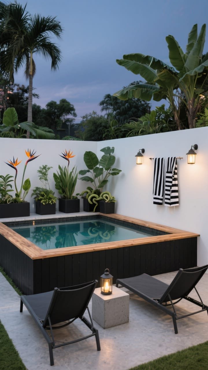Wide shot, evening: An above-ground pool wrapped in a low, boxy wooden frame painted matte black with a smooth cedar top rail, surrounded by layered planters of bird-of-paradise, snake plants, and palms. Clean-lined charcoal sling loungers flank a compact concrete side table; striped black-and-white towels hang on wall hooks. Soft glow from a solar lantern trio casts reflections on the water. Color palette: black, cedar wood, lush green, crisp white. Photorealistic, straight-on view.