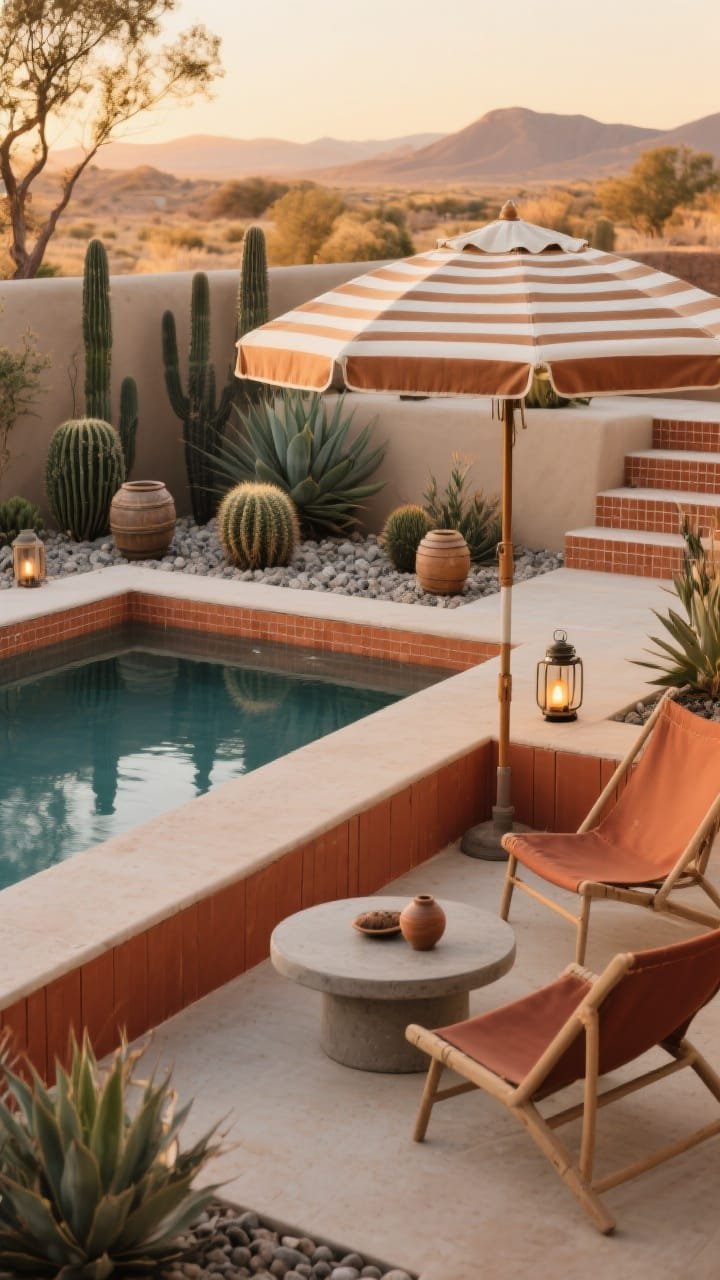 Wide shot, golden hour: A desert-modern pool skirted in terracotta-toned composite panels, bordered by gravel beds dotted with barrel cactus, agave, and yucca. A round concrete coffee table anchors low sling chairs in rust and sand beneath a striped cabana umbrella in ivory and caramel. Ceramic lanterns flicker subtly; access steps feature a tile-look peel-and-stick stair riser detail. Color palette: terracotta, sand, charcoal, sage. Photorealistic, slightly elevated angle.