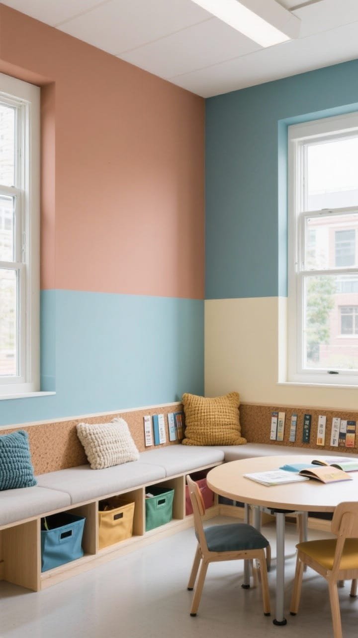 Wide shot of a color-blocked classroom reading nook: large wall swaths in muted clay, dusty blue, and buttercream with clean edges; built-in bench beneath windows featuring deep, full-extension drawers partially open to show color-coordinated fabric bins; chunky knit cushions on the bench, cork display strips, and a low round table for group work; bright, tidy feel with soft daylight, photorealistic.