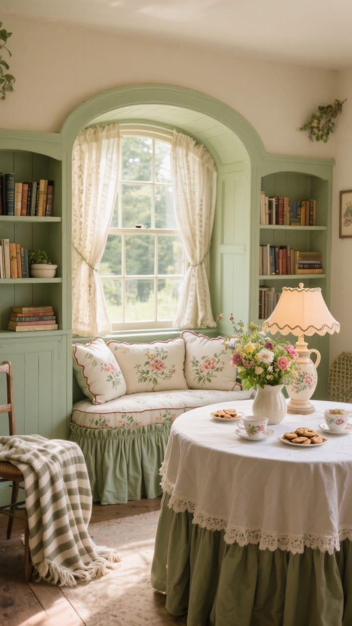 Wide shot of a cottagecore bay window: curved bay fitted with a custom floral cushion and piped bolsters; petite bookshelves flanking the window painted soft sage; a skirted round table with a ruffled cloth set with tea and cookies; gathered cafe curtains filtering daylight; ceramic lamp with a scalloped shade; pitcher of fresh-cut garden flowers and a vintage ticking stripe throw; warm, storybook charm, afternoon glow.