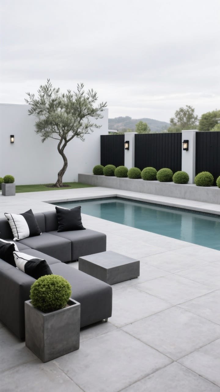 Wide shot, overcast bright: Minimal concrete-effect patio with cool gray concrete-look pavers and a smooth, simple pool surround capped in narrow black. Low-slung modular seating in charcoal holds black-and-white pillows; square planters with manicured boxwood spheres line the edge alongside a single sculptural olive tree. Matte black outdoor sconces on fence posts create gallery vibes. Color palette: gray, black, white, soft green. Photorealistic, straight-on.