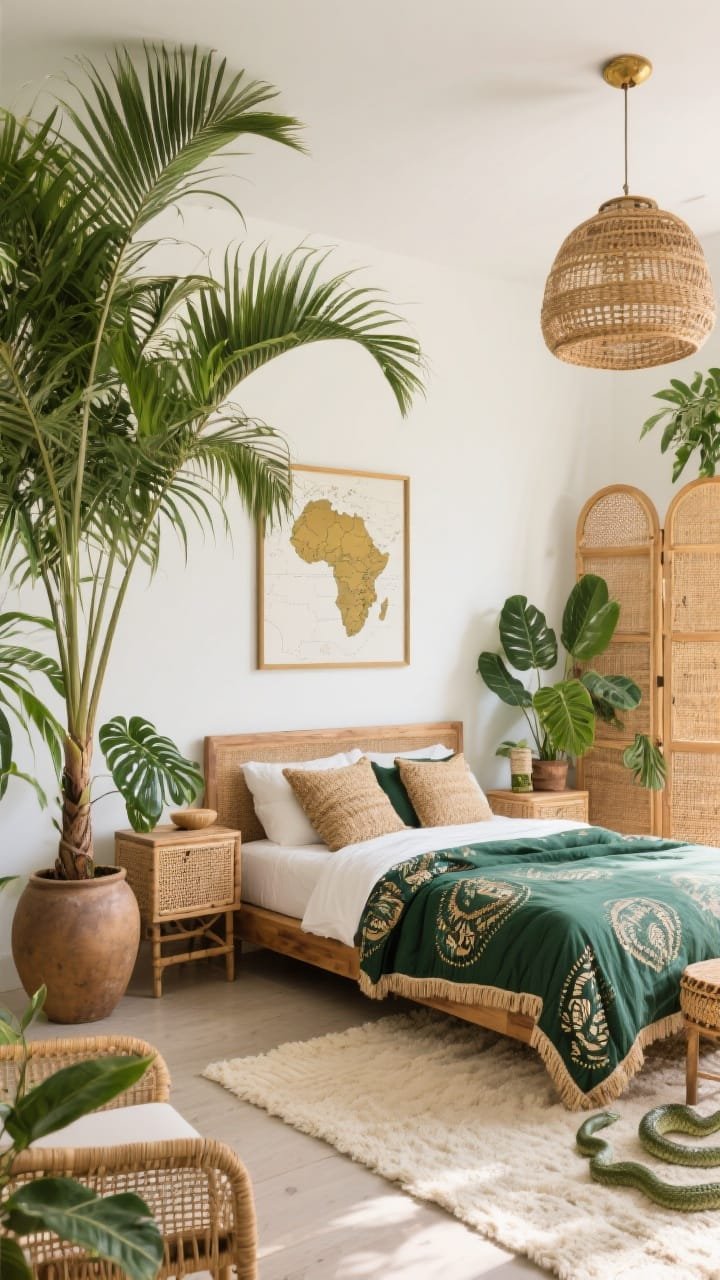 Wide shot, plant-forward: Tropical modern bedroom with warm white walls, a teak bed, and a cream rug; oversized palm fronds in a floor vase as dramatic greenery; living corner of snake plants and monstera; batik-patterned duvet in deep green with raffia-trim pillows; rattan nightstands, cane wardrobe doors, and a woven drum pendant tying textures together; framed map of the African continent in antique brass; bright, natural jungle light.