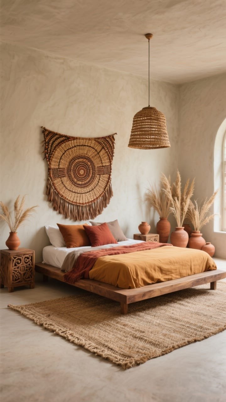 Wide shot, straight-on: An earth-toned Afro-Boho bedroom with clay, sand, and tobacco hues on limewashed walls and textiles; a low-profile walnut platform bed dressed in stonewashed linen&mdash;ochre duvet with rust and taupe pillows; a large handwoven sisal or jute rug underfoot; an oversized woven wall hanging inspired by African basketry serving as a headboard focal point; carved wood nightstands, a woven pendant light, and clustered terracotta vessels with dried grasses; warm, natural daylight for a calm, grounded retreat.