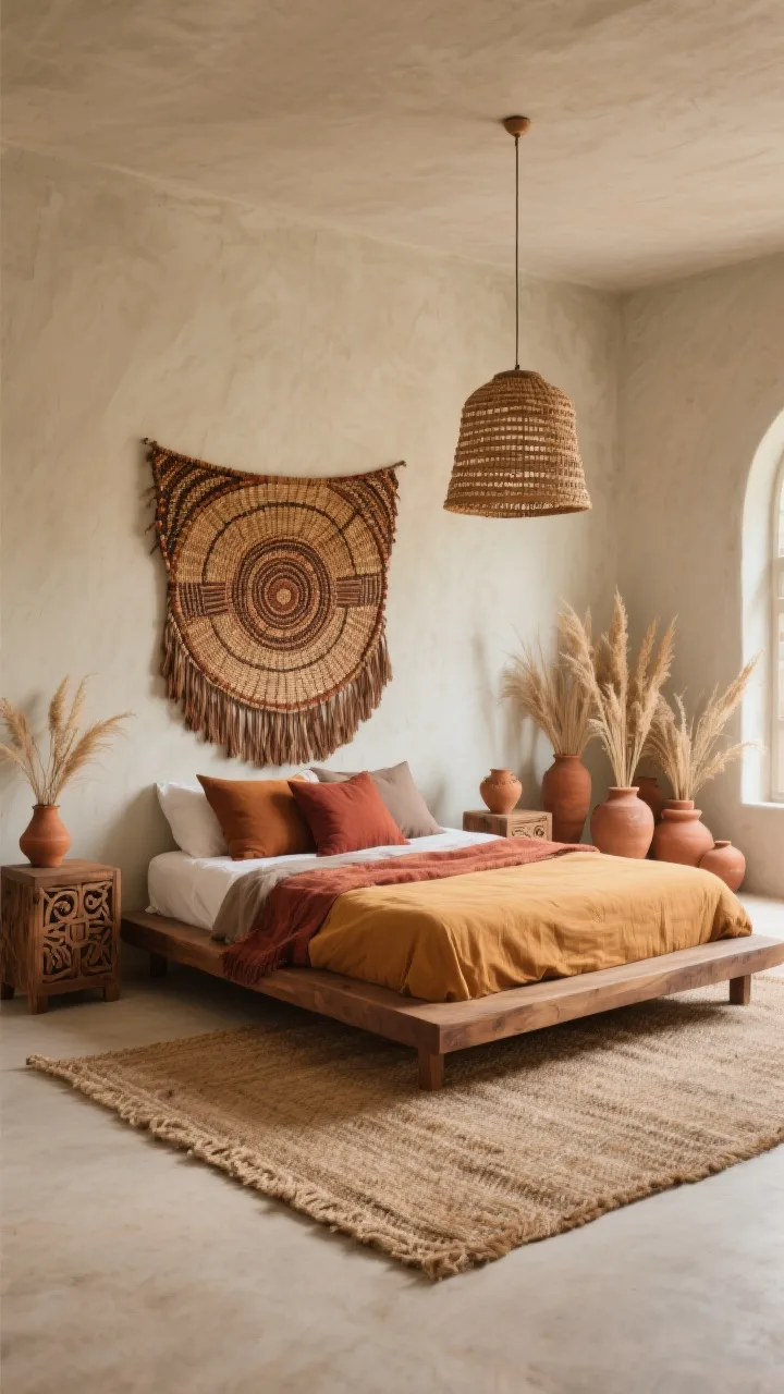 Wide shot, straight-on: An earth-toned Afro-Boho bedroom with clay, sand, and tobacco hues on limewashed walls and textiles; a low-profile walnut platform bed dressed in stonewashed linen—ochre duvet with rust and taupe pillows; a large handwoven sisal or jute rug underfoot; an oversized woven wall hanging inspired by African basketry serving as a headboard focal point; carved wood nightstands, a woven pendant light, and clustered terracotta vessels with dried grasses; warm, natural daylight for a calm, grounded retreat.