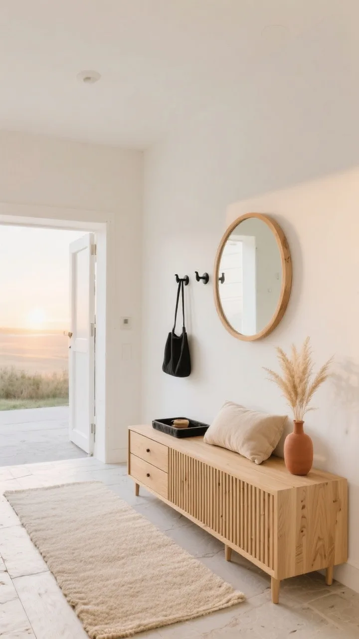 Wide, straight-on shot of a Scandinavian sunrise entryway with a blonde wood slat storage bench featuring two soft-close drawers and a velvet-lined tray just visible inside; pale oat-colored runner on a pale stone or light wood floor, creamy white wall backdrop, round oak mirror above, three matte black pegs holding a single bag, and a slim terracotta vase with dried grasses; palette of oat, cream, light oak, and matte black accents; soft morning natural light for an airy, calm mood; textures: oak veneer, wool runner, linen cushion in wheat.