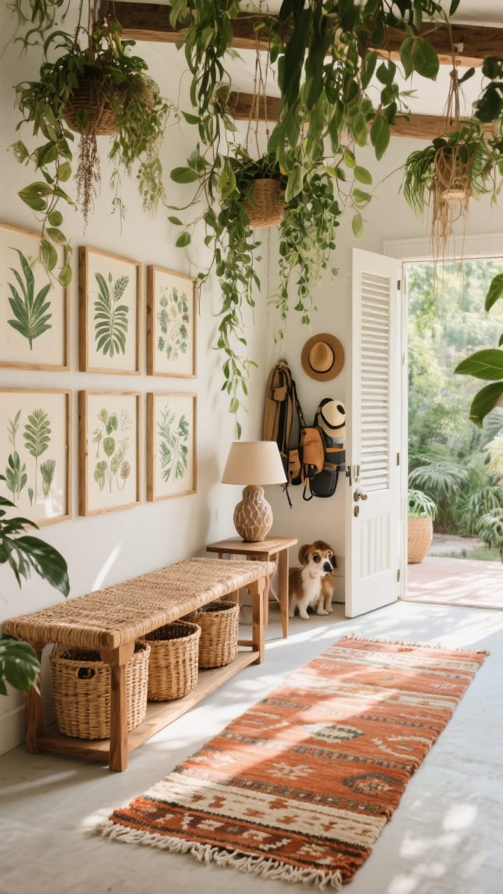 Wide, sunlit boho botanical entry: a rattan-front storage bench with natural oak frame beneath a cascade of hanging plants and a botanical print gallery wall; a flatweave kilim runner in terracotta and cream tones stretches along the floor; a tiny side console with a sculptural ceramic lamp; palette of olive, terracotta, natural oak, cream; abundant daylight with dappled plant shadows; materials: rattan, oak, ceramic, cotton kilim; ventilated doors visible and cane baskets inside for hats and pet gear.