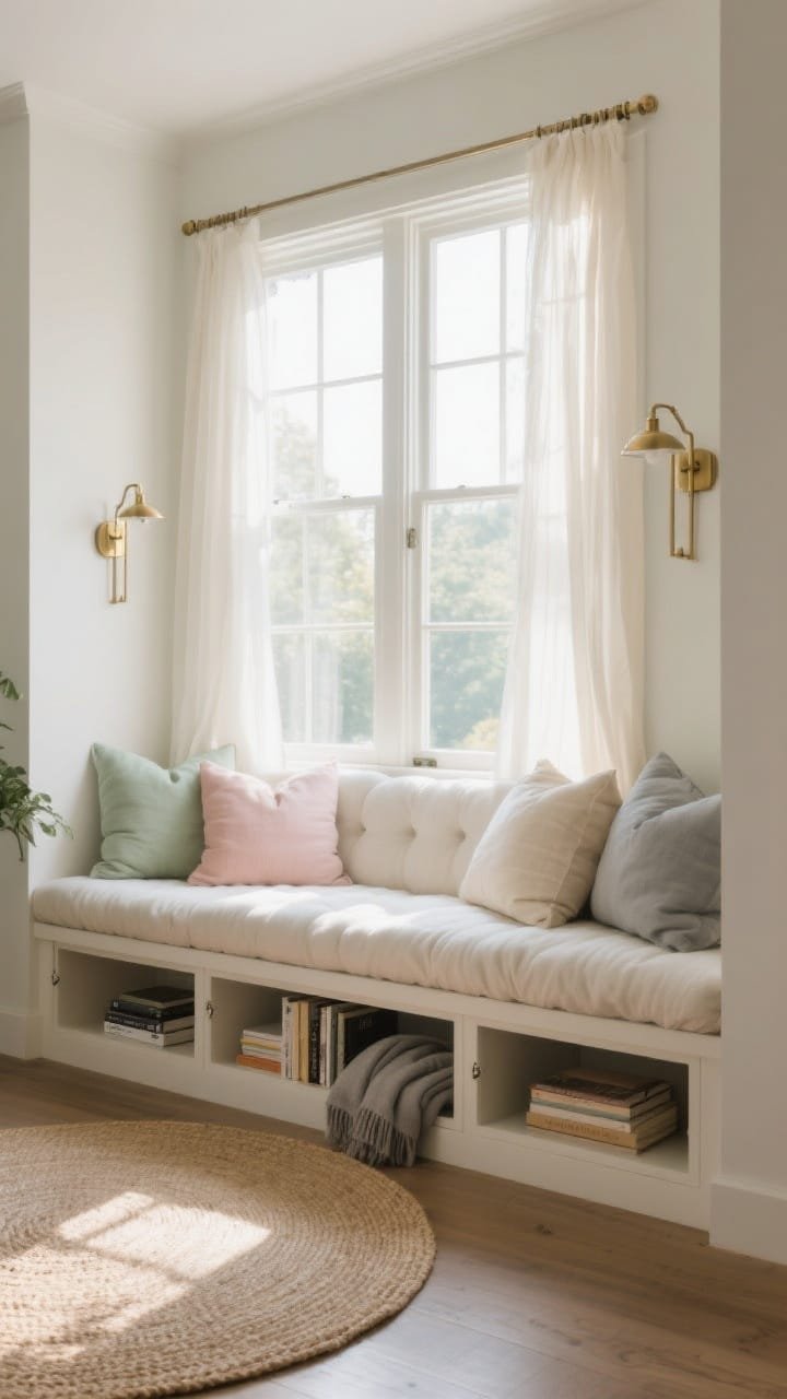 Wide, sunlit window seat scene: a built-in window bench beneath a wide window, topped with a thick cloud-soft cushion in cream/dove gray, layered with oversized linen pillows in pale sage, blush, and oatmeal; swing-open fronts reveal hidden deep cubbies with books and throws; sleek brass sconces flanking the window; airy sheer curtains moving gently; a round jute rug grounding the nook; photorealistic, calm airy mood, morning natural light, straight-on view.