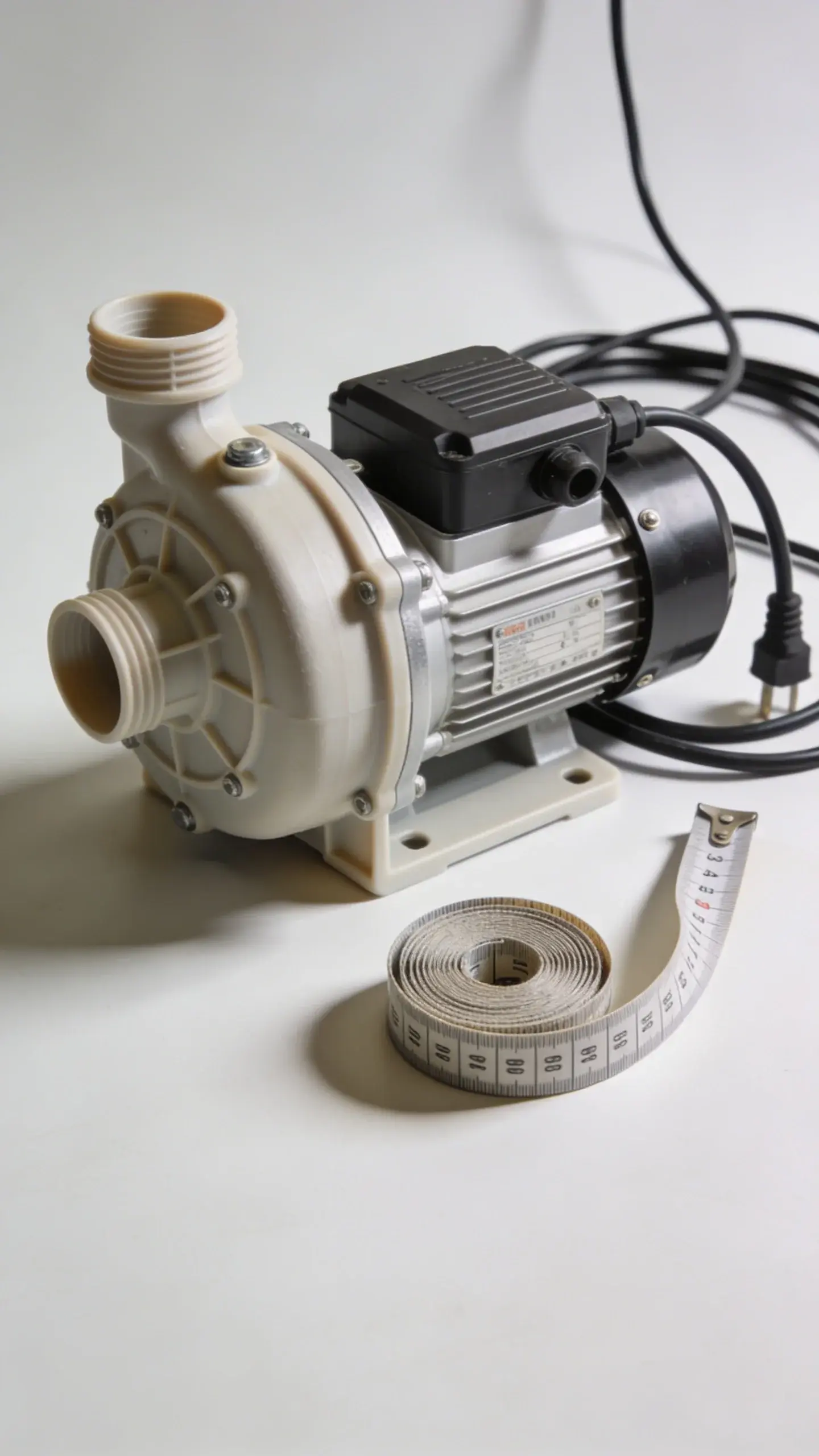 Closeup of a pool pump with measurement tape and cords