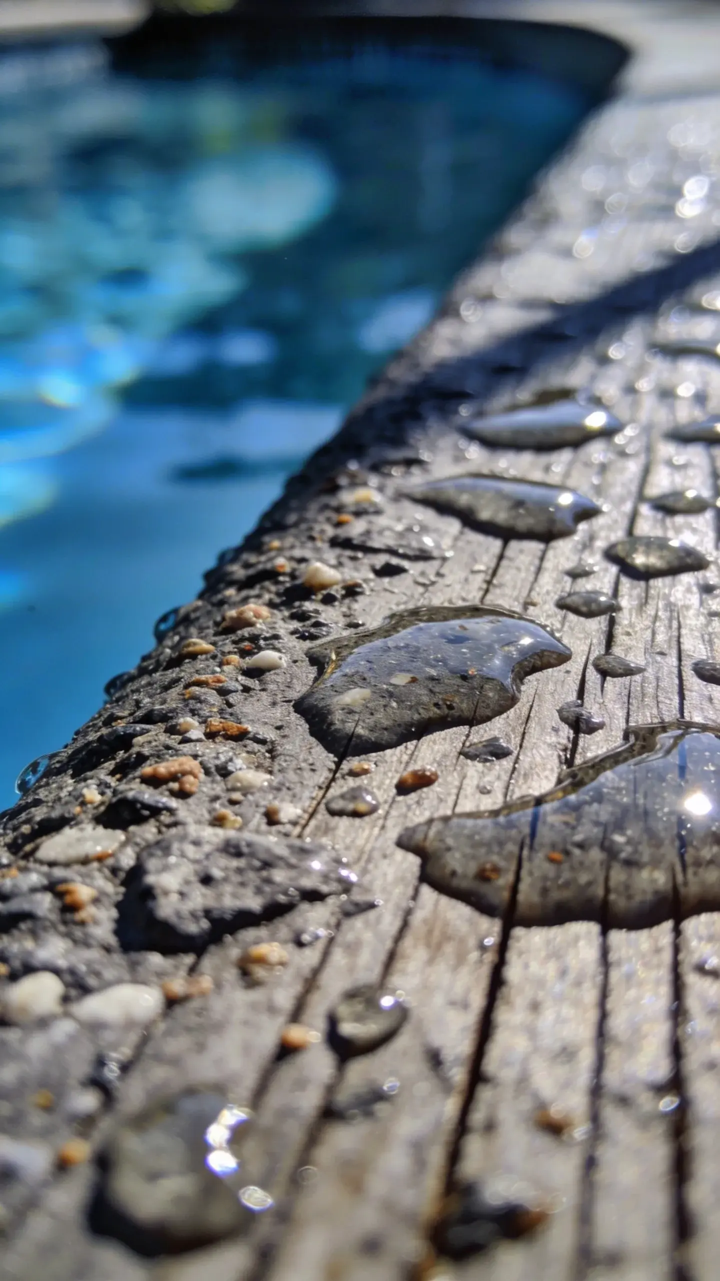 closeup of anti-slip pool deck finish on wet wood surface