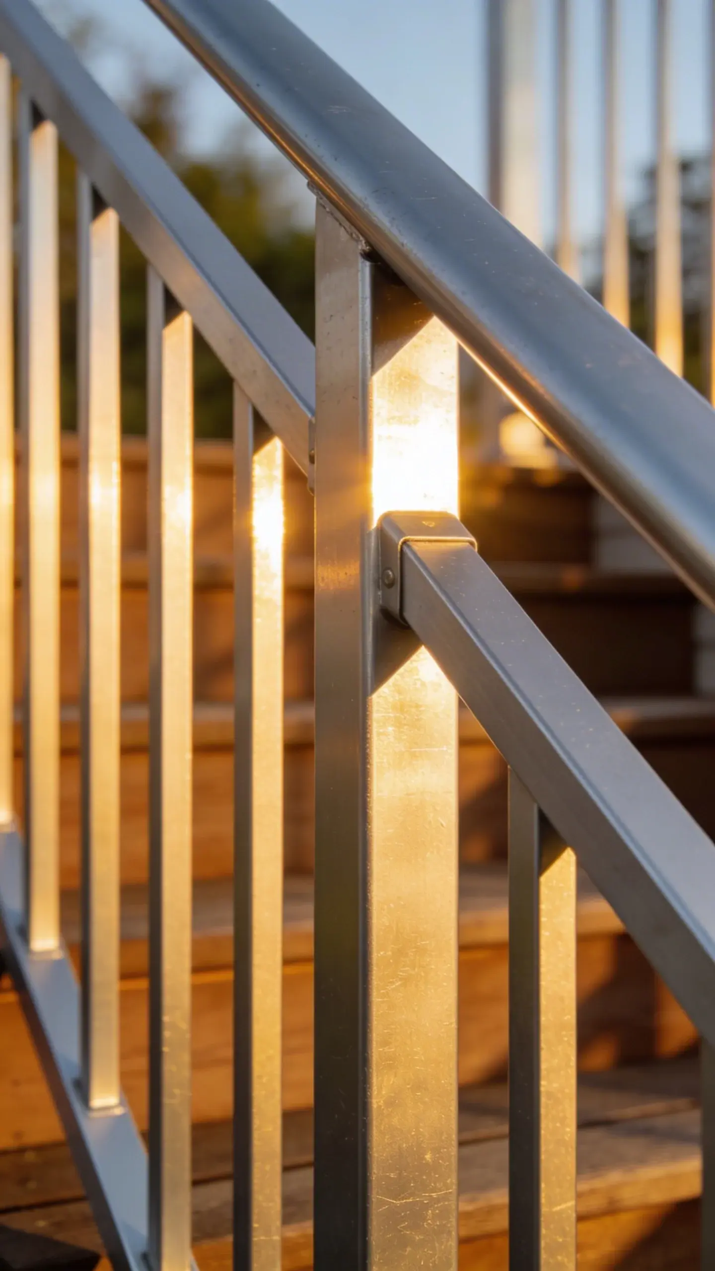 Closeup of deck stairs aluminum railing, sunlight reflections