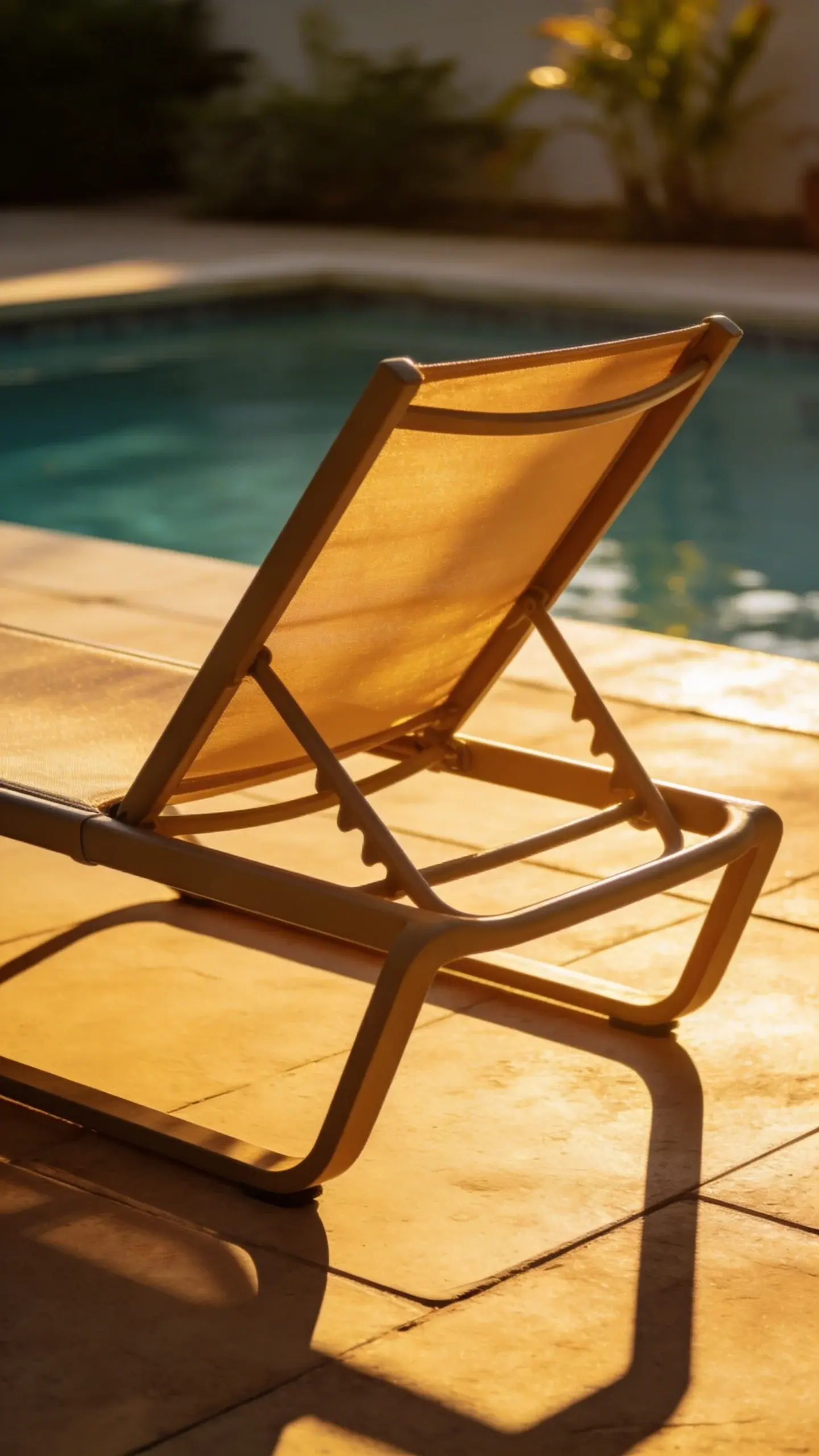 Focused shot of a sunlit lounge chair by pool deck, with subtle plant backdrop