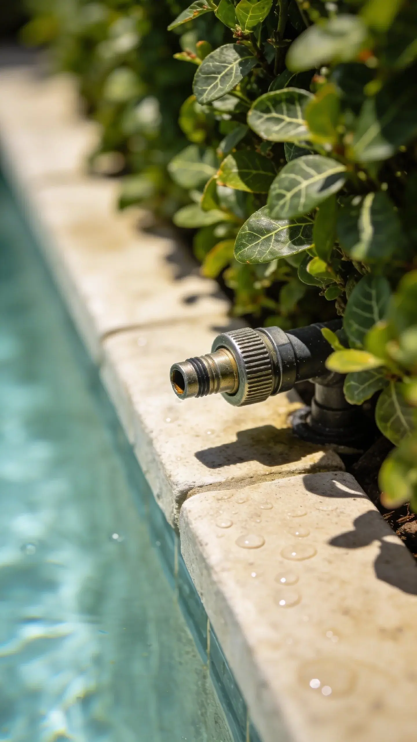 Macro view of a single sprinkler head near pool edge and shading hedge