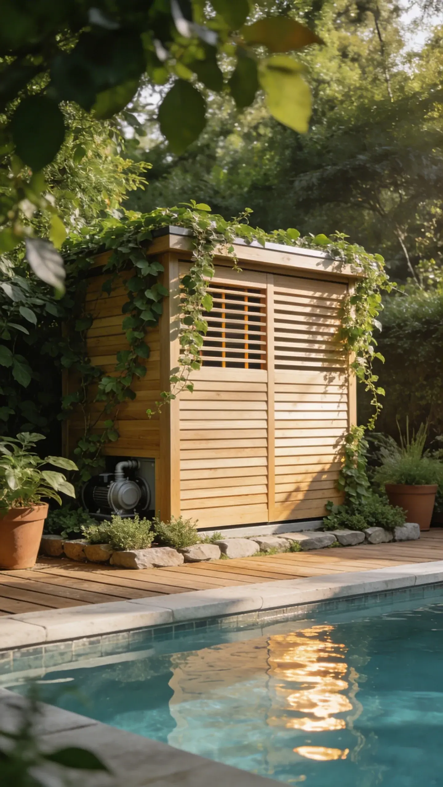 Focused shot of a modern lattice screen partially concealing a pump