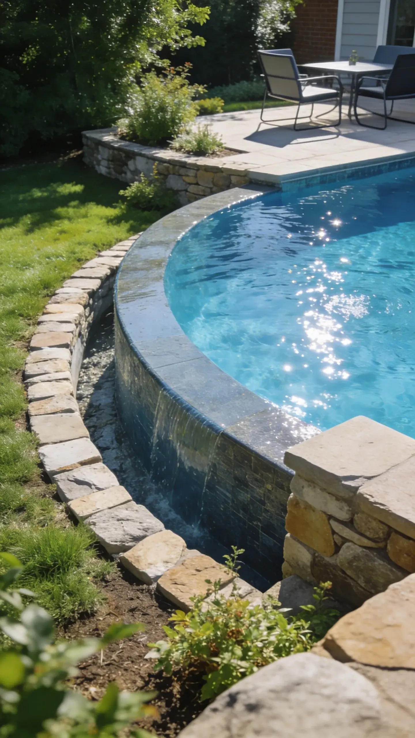 Closeup of semi-inground pool edge with exposed concrete finish
