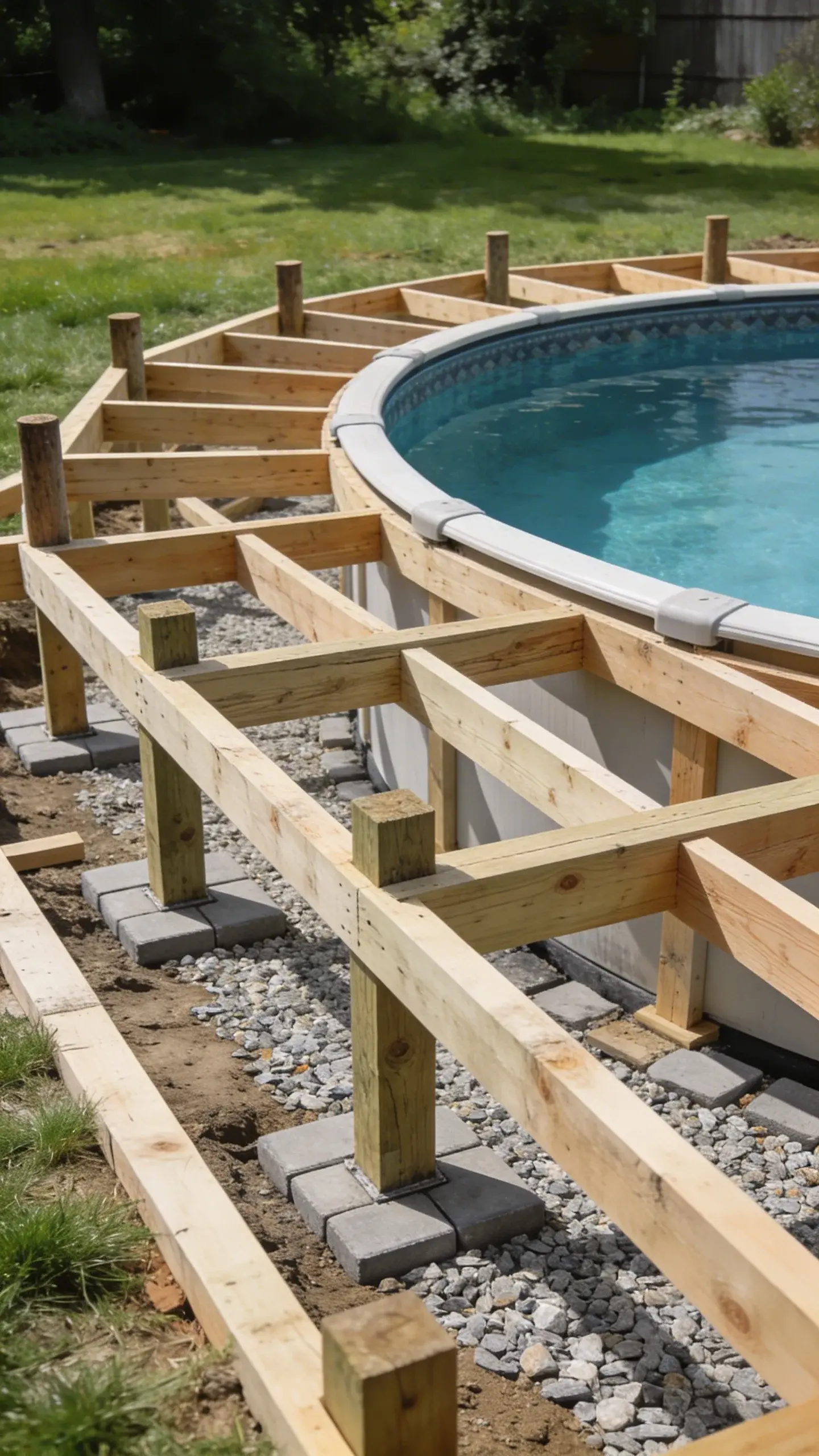 Closeup of composite deck board grain texture beside pool edge