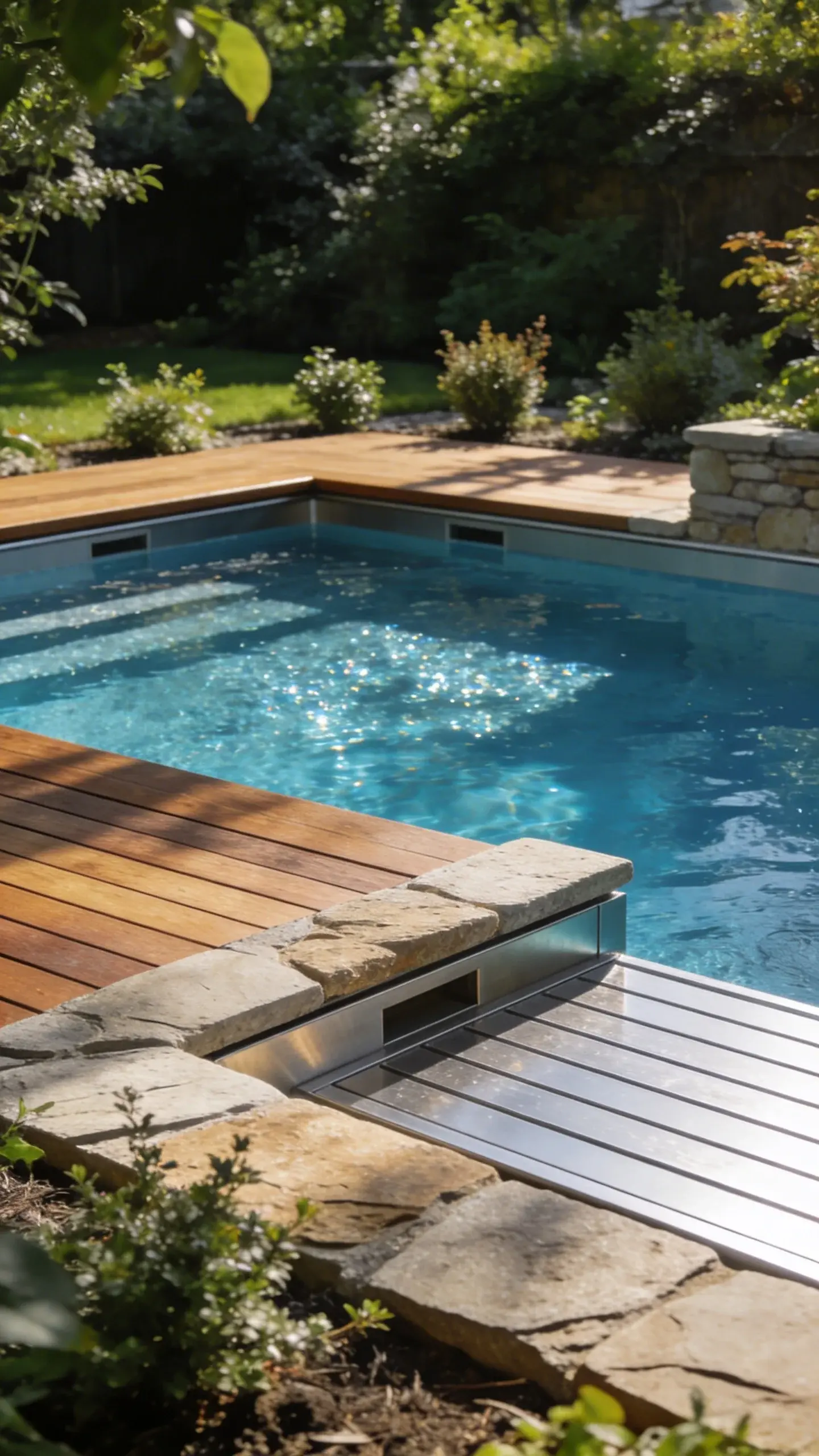 Closeup of faux stone pool edge skirting detail
