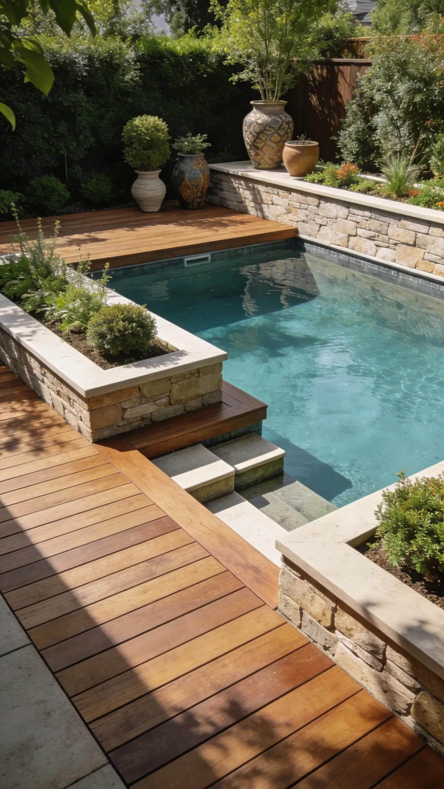 Closeup of decorative lattice skirting around pool edge