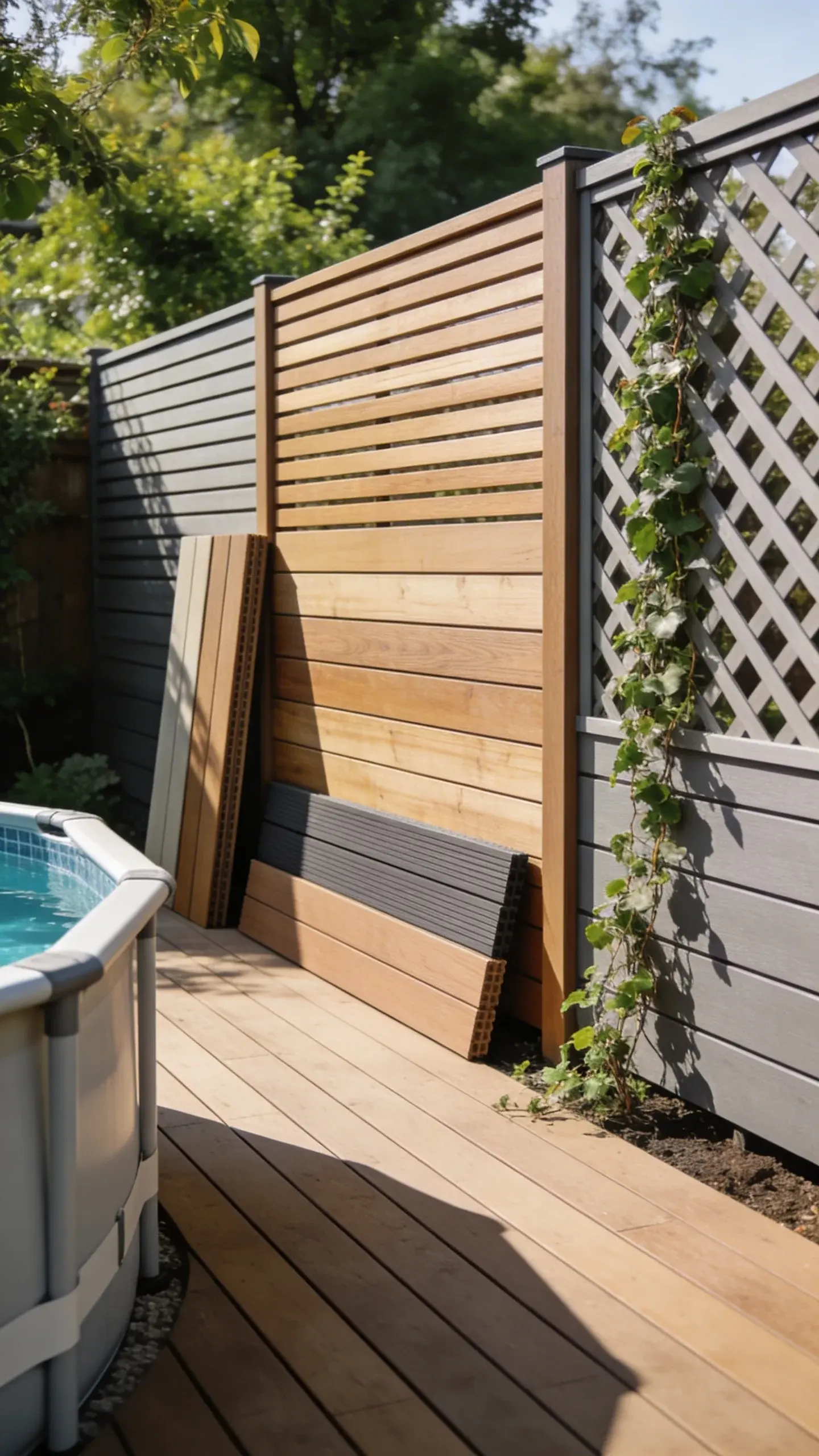 Closeup of a wooden privacy lattice panel against a pool backdrop