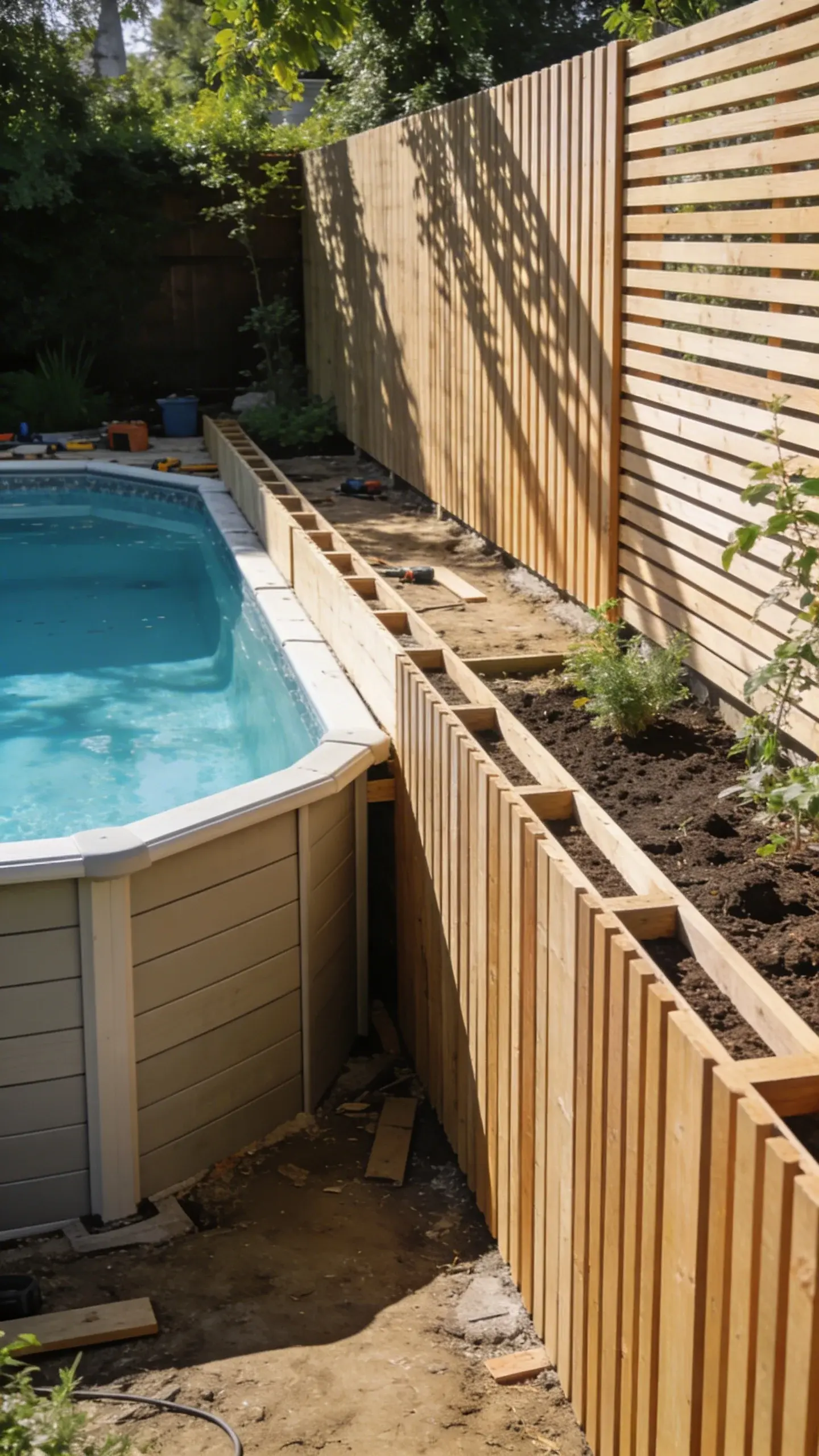 Focused shot of vertical slat privacy screen with green hedge contrast