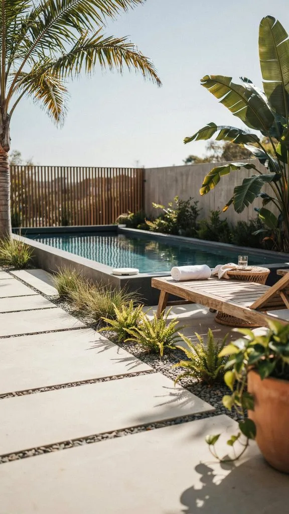 Large concrete pavers with pebble filled joints, terracotta planters and a teak lounger beside a mini pool