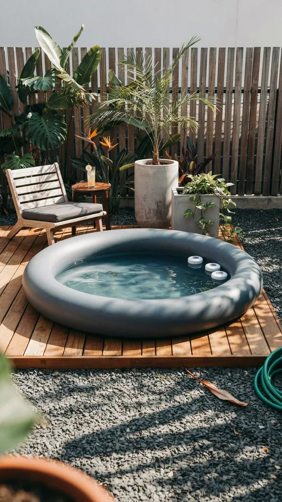 Gray inflatable ring pool set on a timber deck with a gravel surround in a small backyard