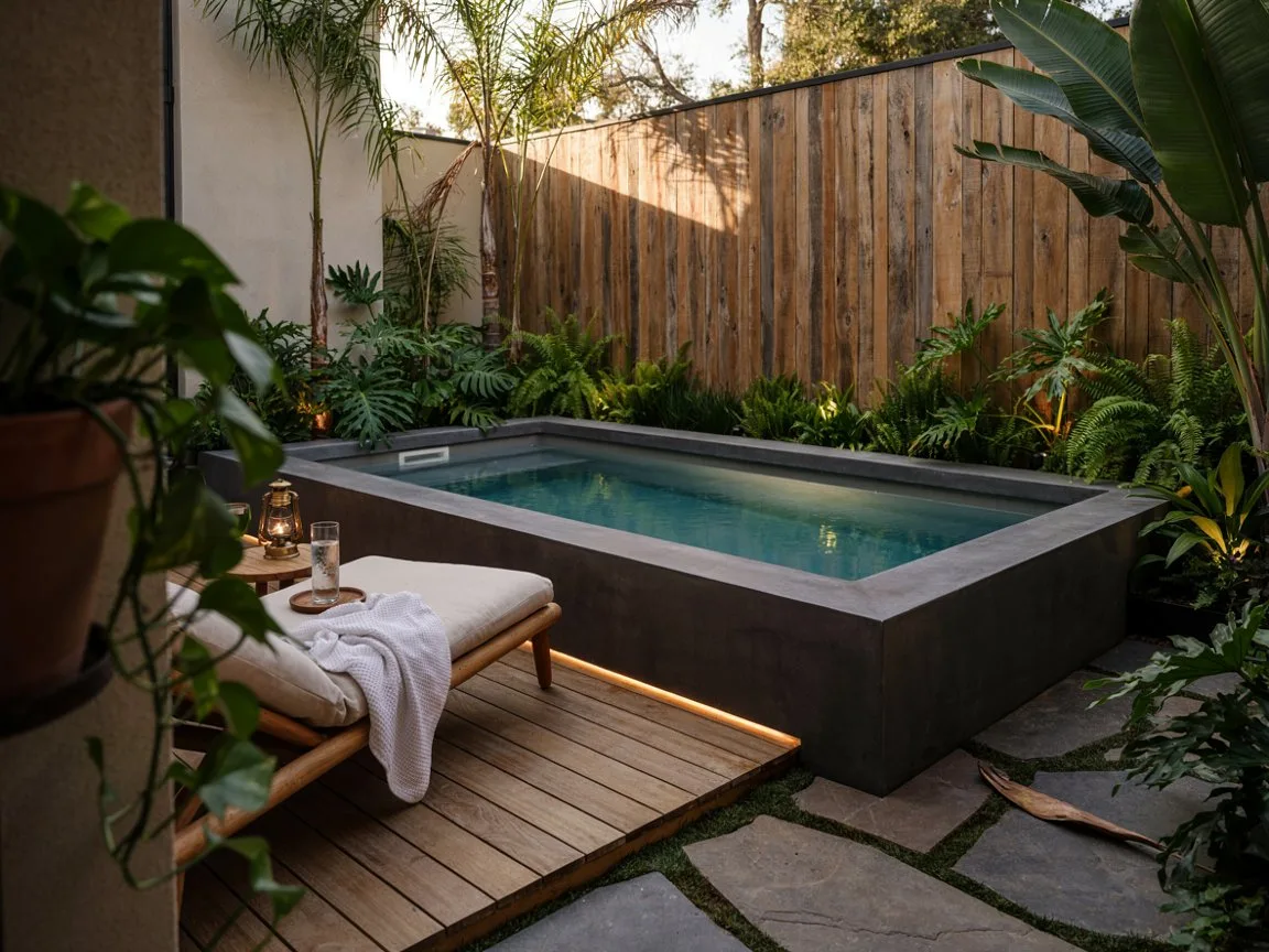 Mini pool ideas for small backyards, compact plunge pool with timber decking and tropical planting