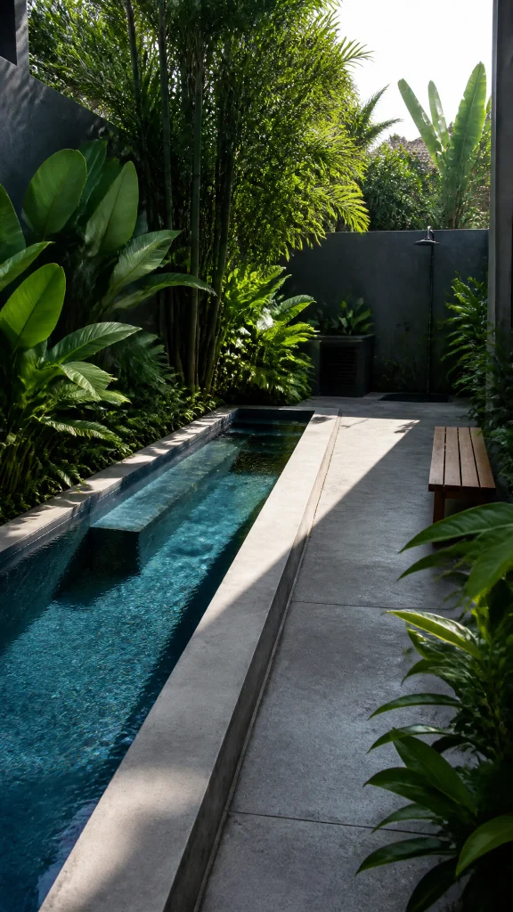 Narrow plunge pool running alongside a concrete path with tropical planting in a small yard