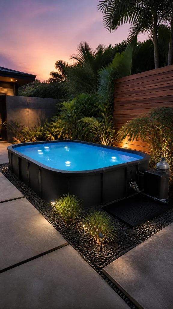 Oval above ground pool lit from inside at dusk with low level garden lighting