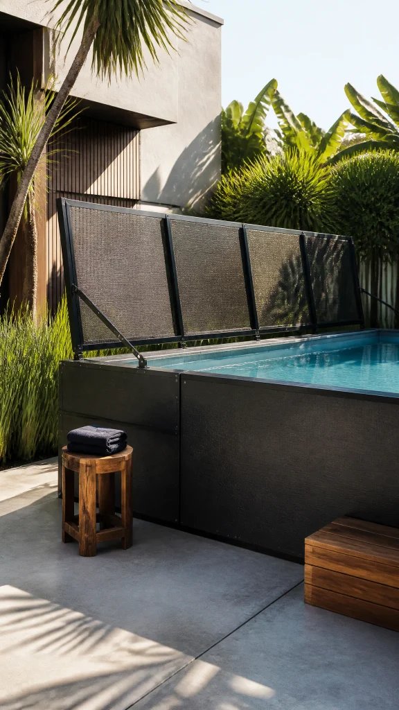 Small pool with a fold down mesh privacy fence beside a concrete patio