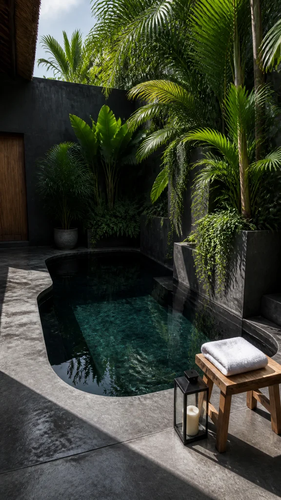 Stained concrete puddle pool with a soft curved shape and a polished concrete surround