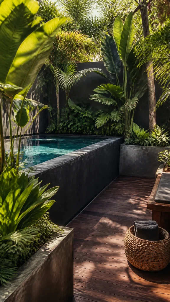 Raised mini pool built into a rendered planter wall with tropical planting and timber decking