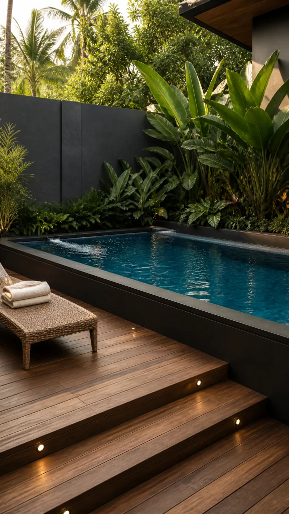 Rectangular deck pool with hidden steps and recessed lighting in a raised timber deck