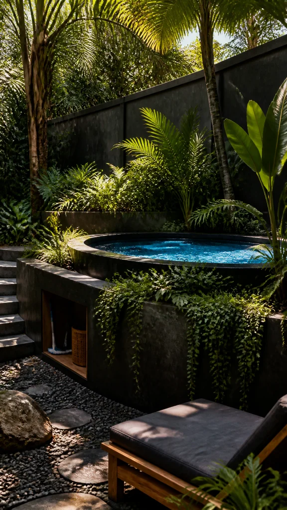 Raised concrete mini pool set into a planter wall with trailing greenery and steps
