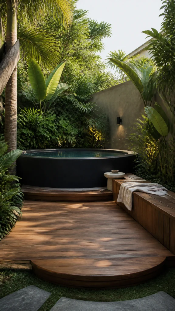 Round above ground spa built into a circular timber deck with folded towels